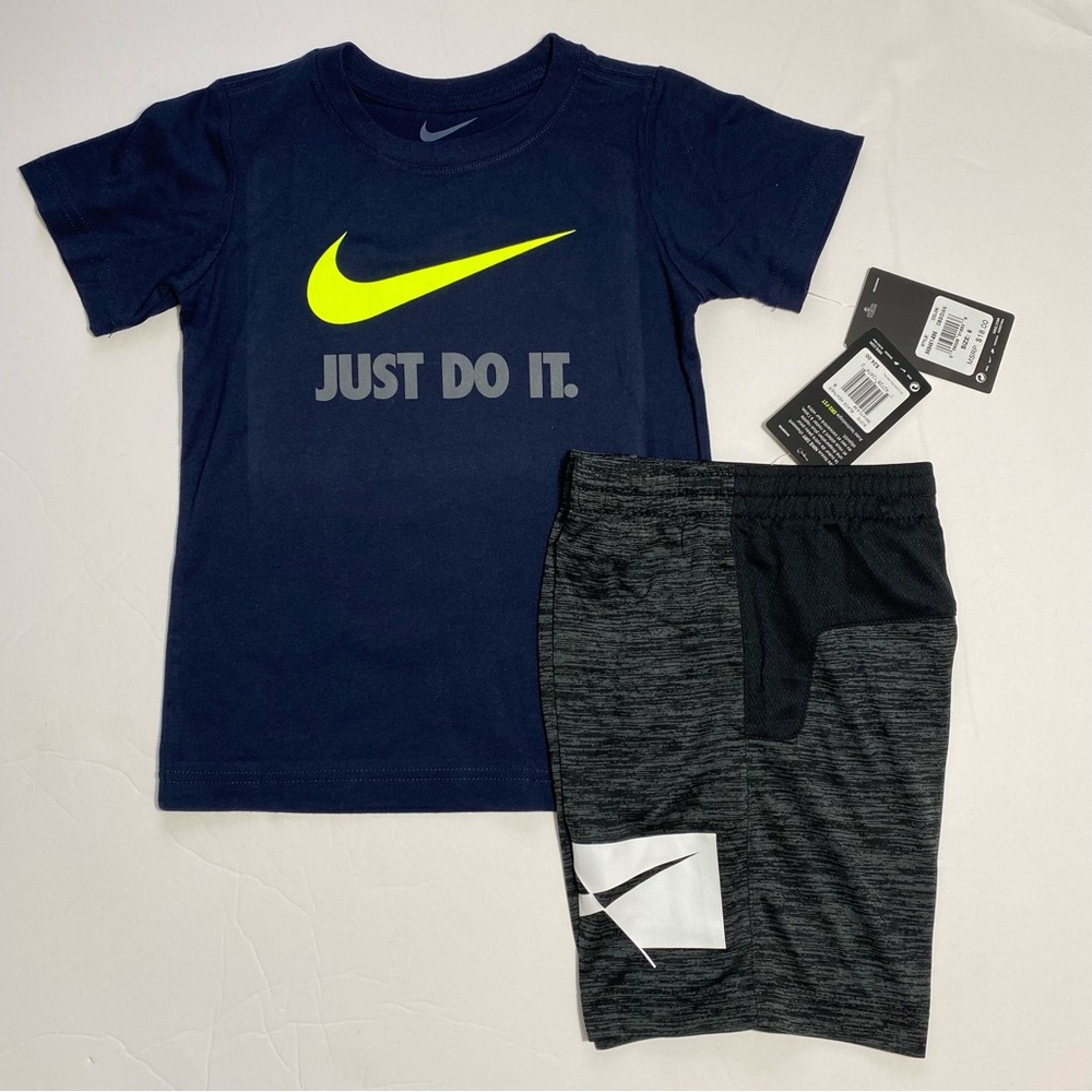 Nike Boys JDI Tee Shirt & Dri-Fit Shorts Set Outfit Sz 6 Dark Blue Black NEW
